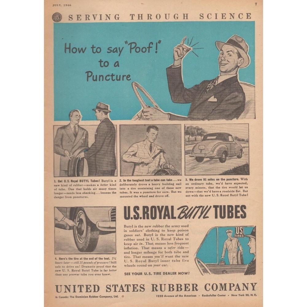 1946 US Rubber Royal Butyl Tubes Vintage Print Ad Mid Century Automotive Decor